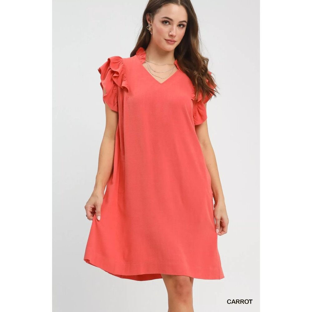 Umgee Linen Flutter Sleeve Shift Dress with Pockets